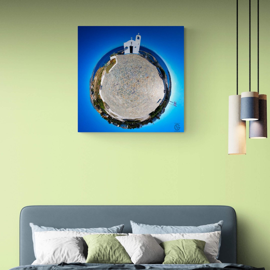 Loft bedroom featuring Saint Nicholas chapel 360° canvas — soft Aegean tones