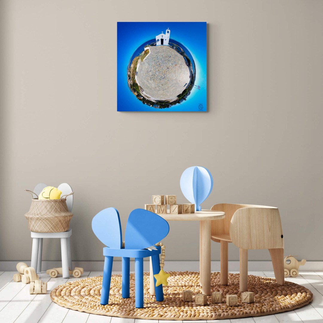 Playroom with serene blue chapel 360° canvas — Saint Nicholas Church, Rafina