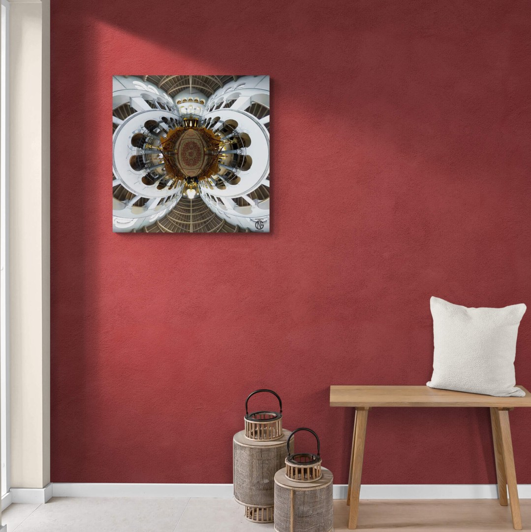 Saint Demetrius interior tiny-planet 360° canvas mounted above a bench on a terracotta-red wall.