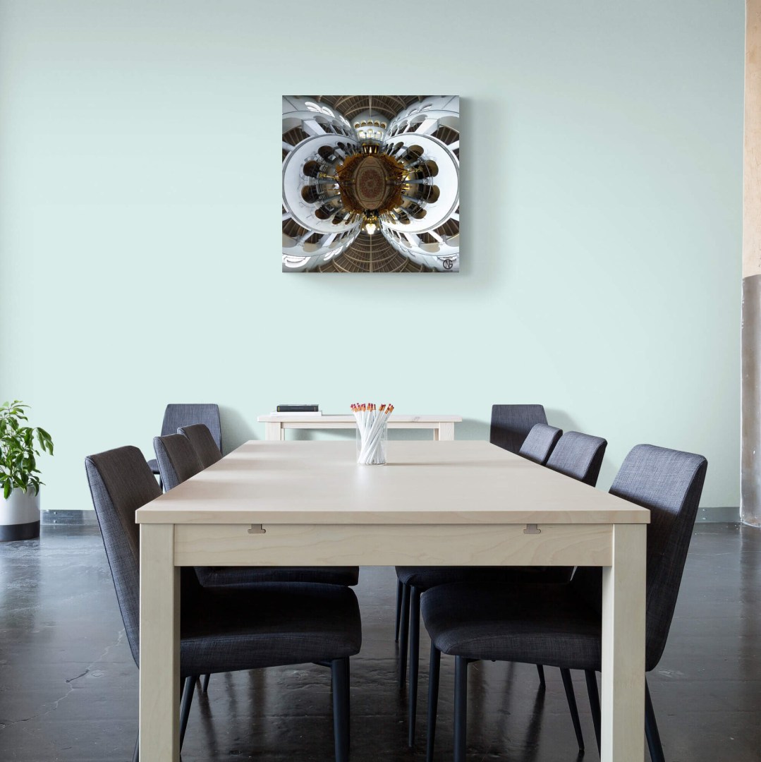 Saint Demetrius interior tiny-planet canvas adding architectural symmetry to a spacious meeting room.