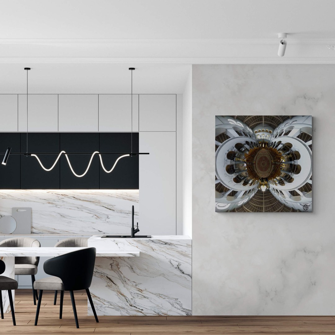 Saint Demetrius interior tiny-planet canvas as a statement piece in a marble-and-black modern kitchen.