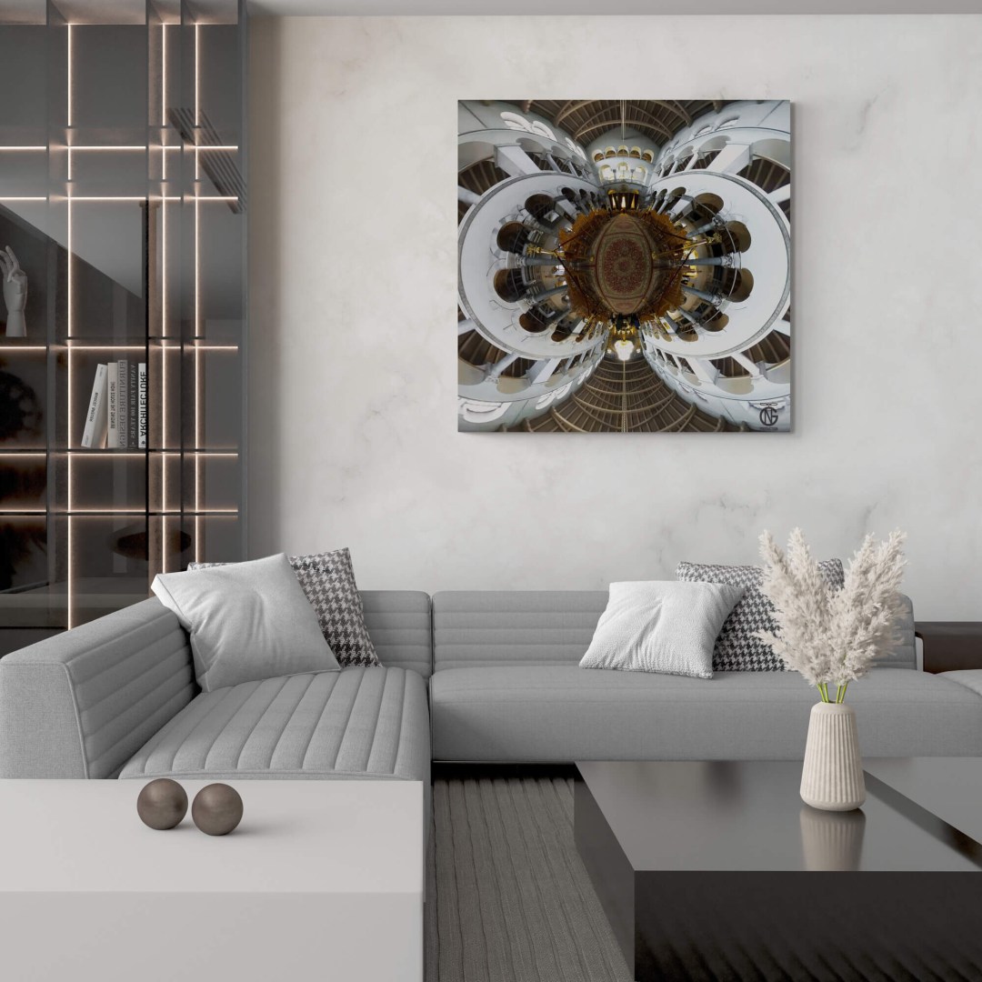 Large Saint Demetrius interior tiny-planet canvas centered above a sectional sofa in a contemporary living room.
