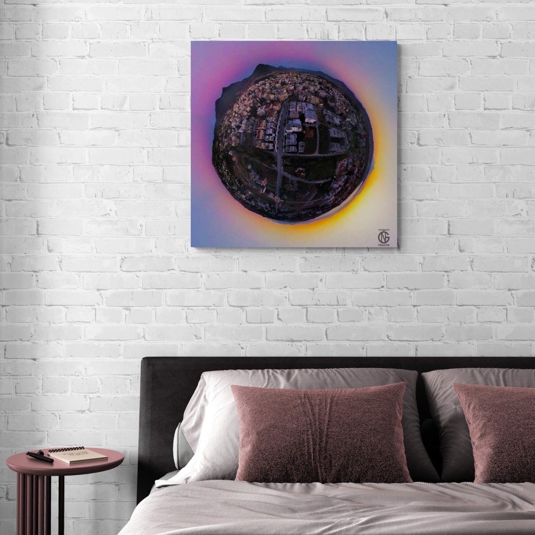 Sunset tiny-planet Thermi canvas adding a gold-and-violet focal point above a minimalist bed.
