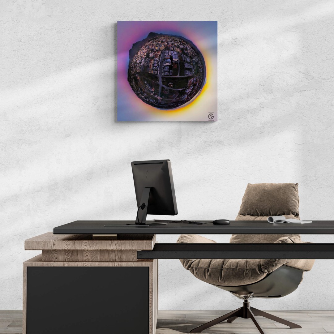 Tiny-planet sunset canvas mounted above a modern office desk in Thermi tones.