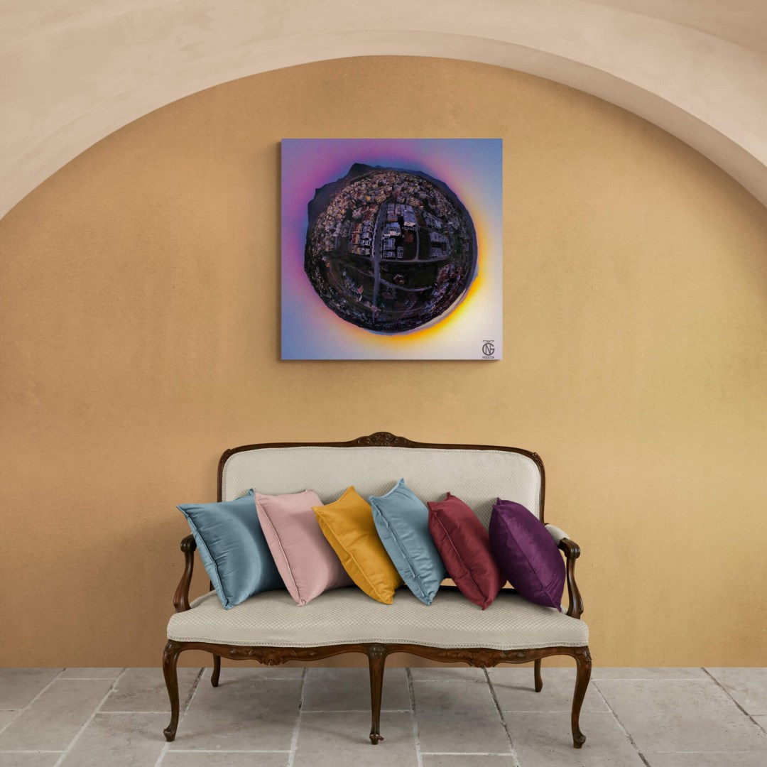 Sunset tiny-planet Thermi canvas as a statement piece in a rustic archway interior.