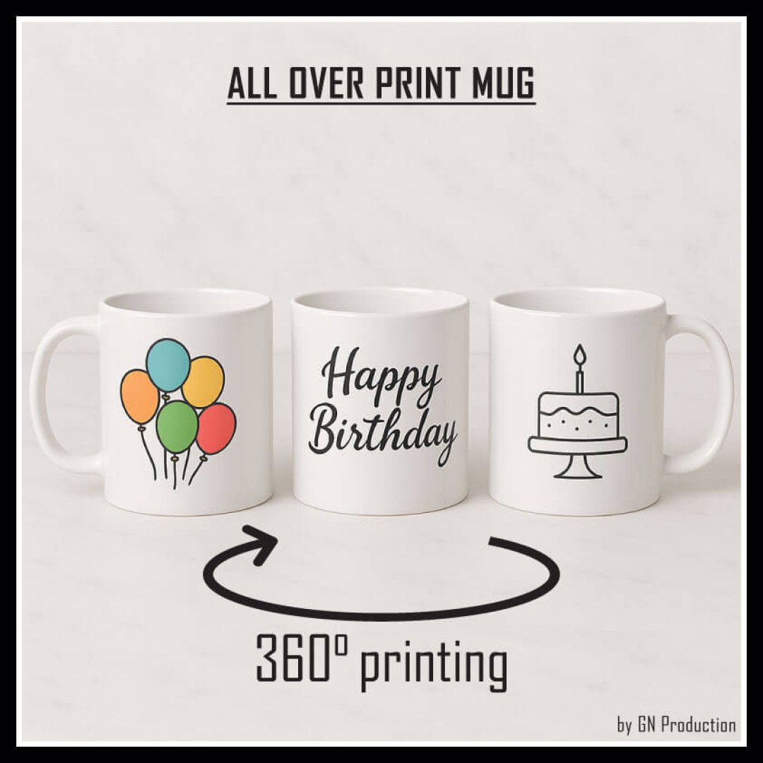 Blank white ceramic mug mockup for custom all-over printing, 360° wrap design, placed on marble background.