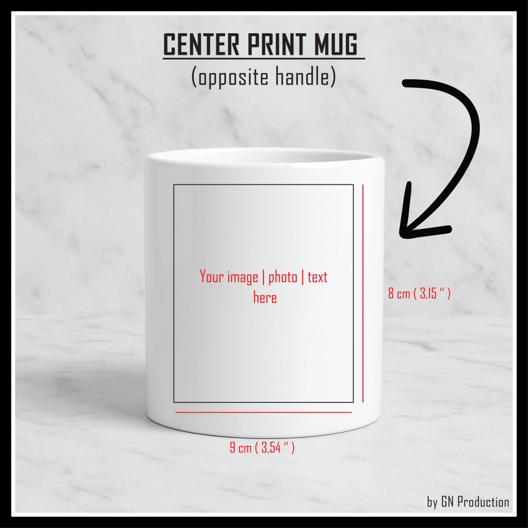 White ceramic mug mockup with center print area opposite the handle – blank template for custom photo, text, or logo design.