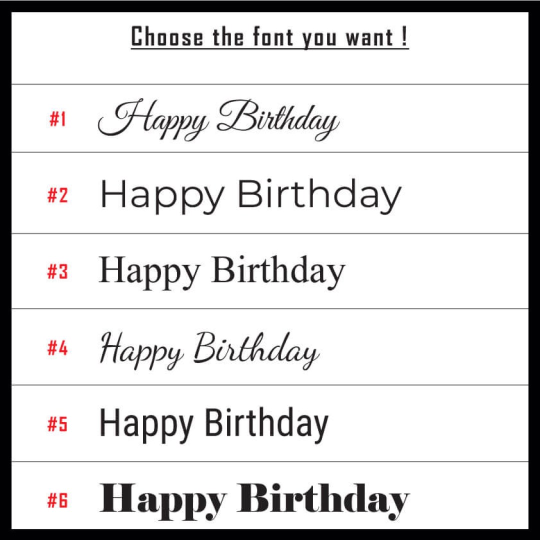 Font selection chart for personalized mugs — six different font styles for custom text printing on premium white mugs.