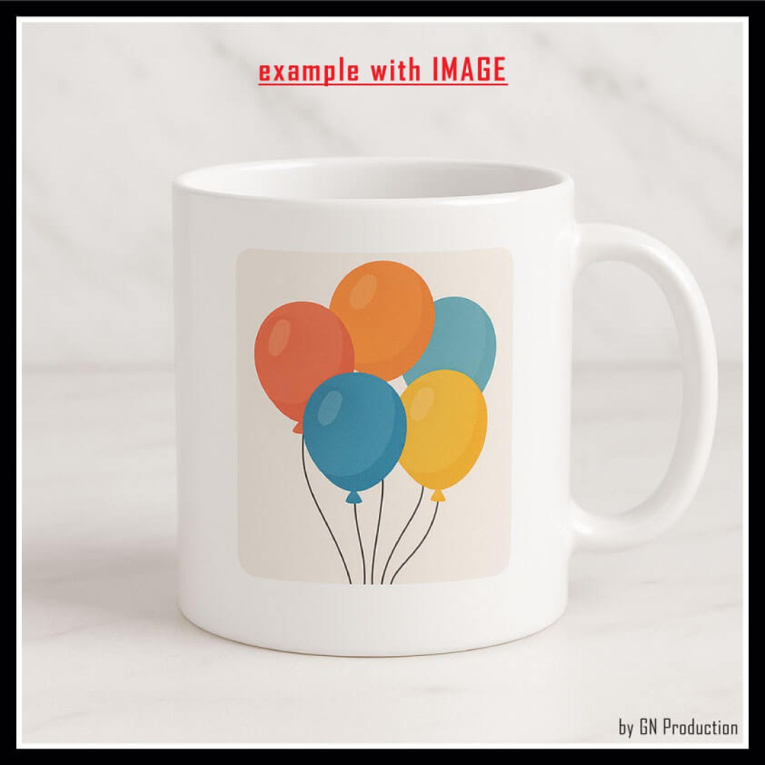 White ceramic mug mockup with colorful balloon design, right-handed print example — custom image mug.