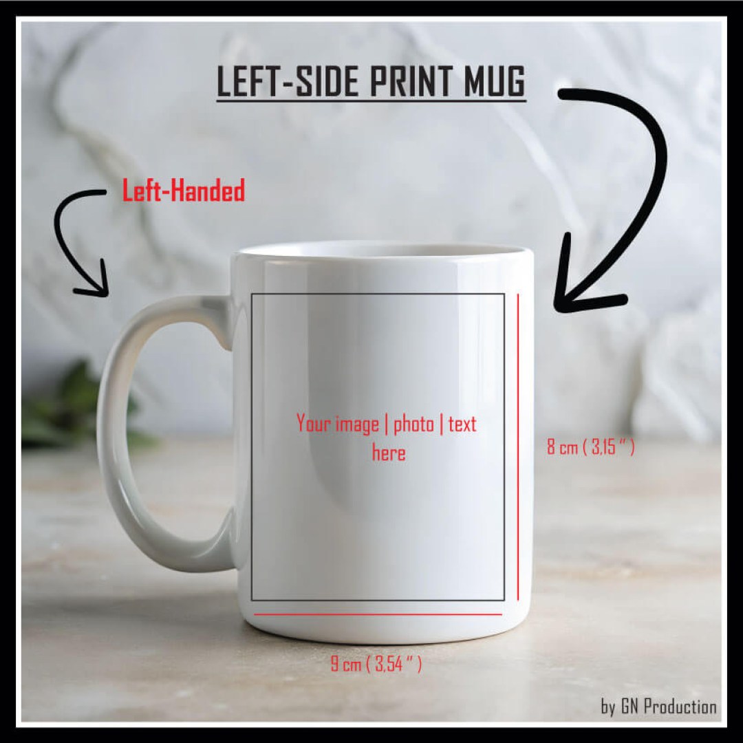 White ceramic mug mockup with colorful balloon design, left-handed print example — customizable mug for photos or graphics.