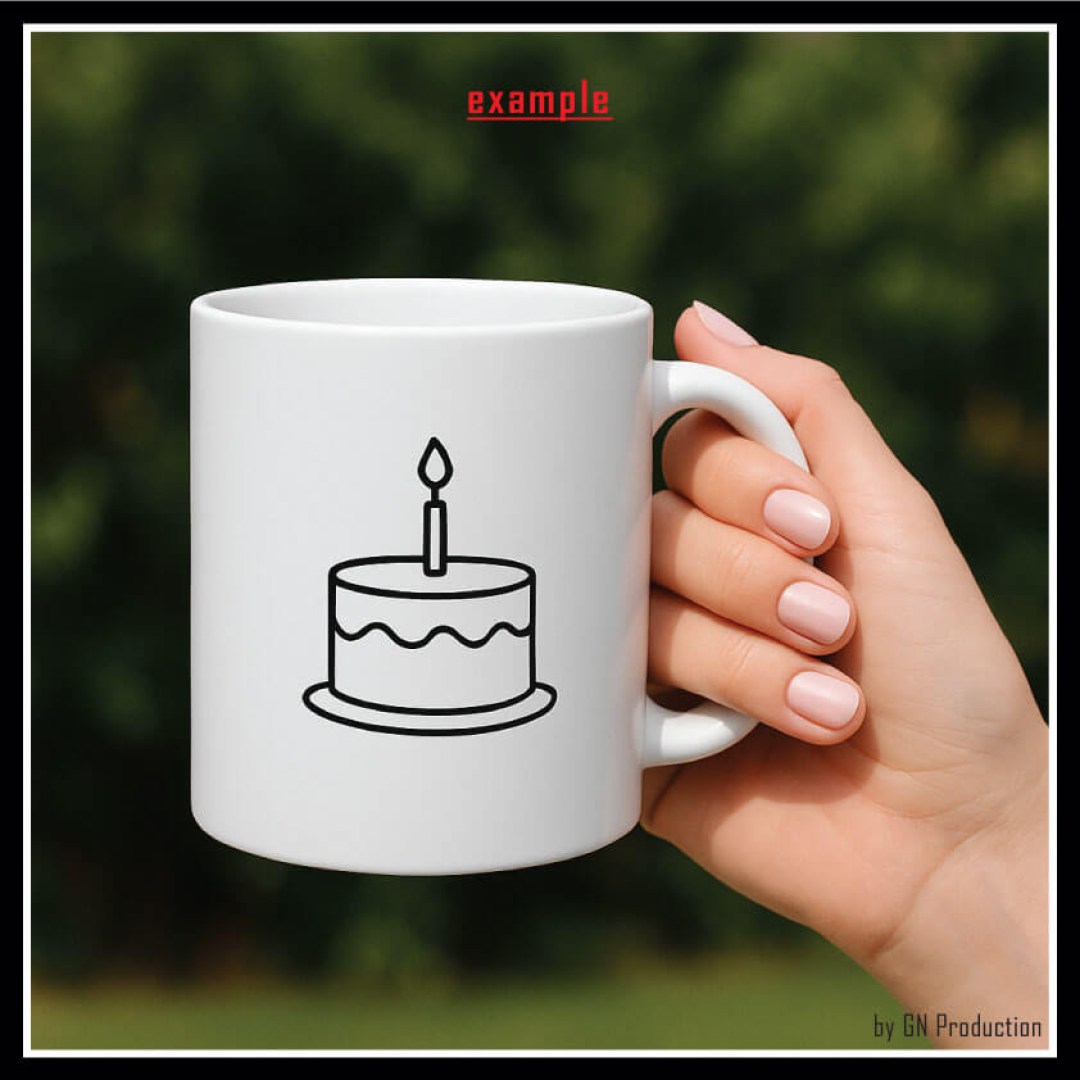 Person holding a custom all-over print white ceramic mug featuring colorful balloons, Happy Birthday text, and cake illustration with 360° digital printing.