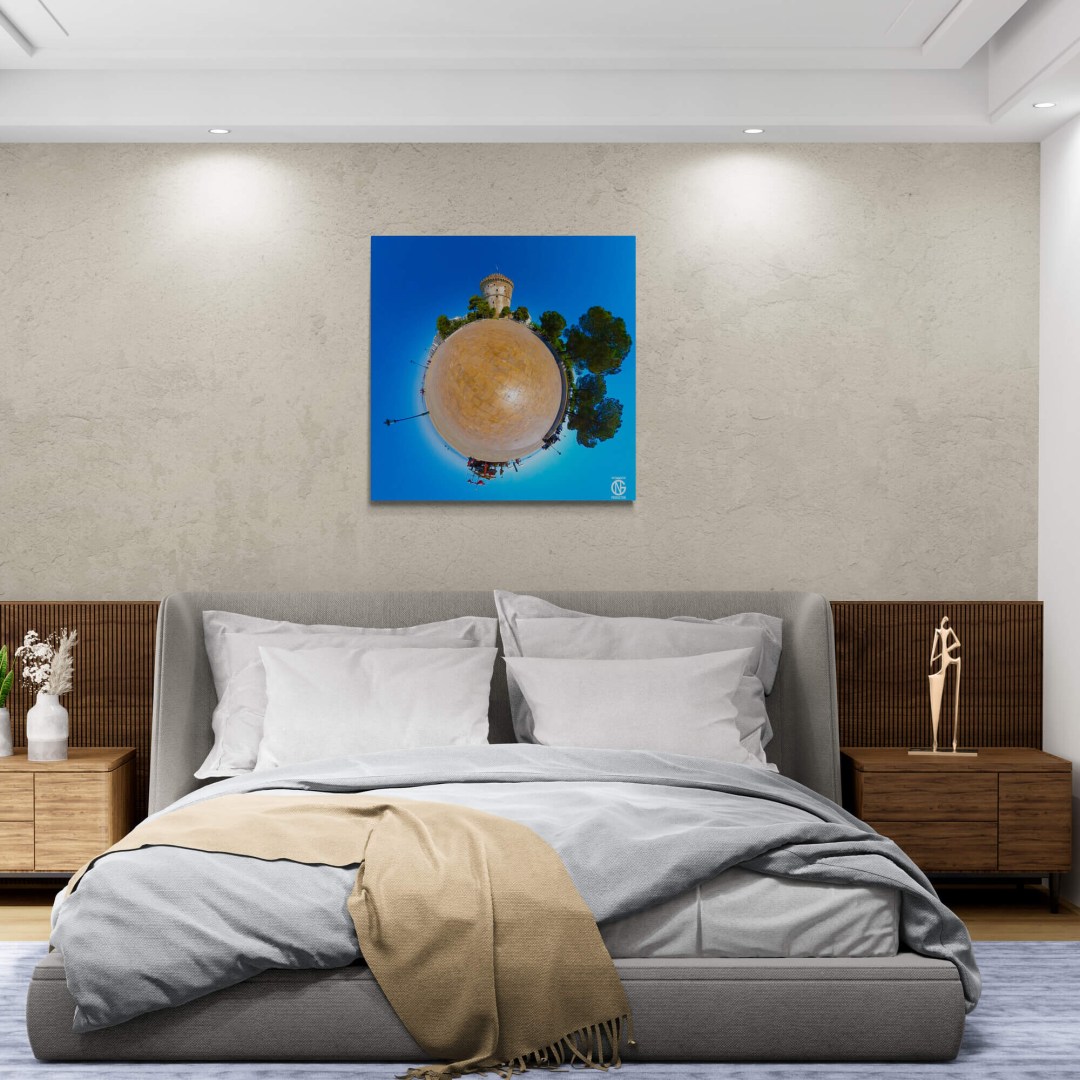 White Tower tiny-planet 360° canvas above a bed in a modern neutral bedroom.