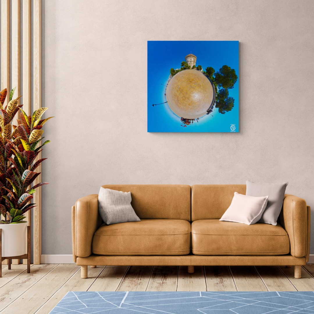 Day tiny-planet White Tower canvas adding a bright coastal feel to a warm living room.