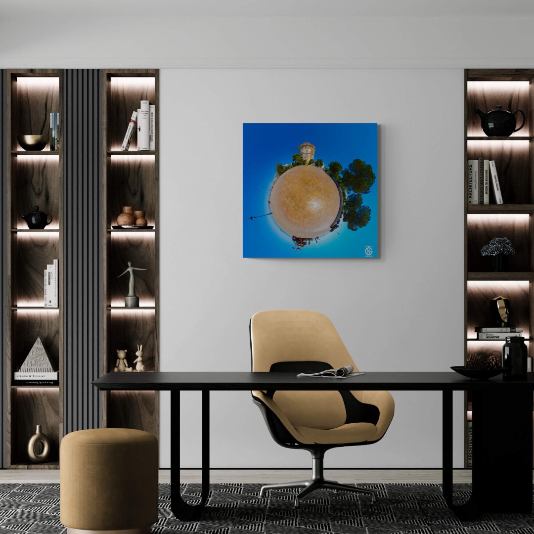 White Tower tiny-planet 360° canvas mounted above a contemporary office desk.