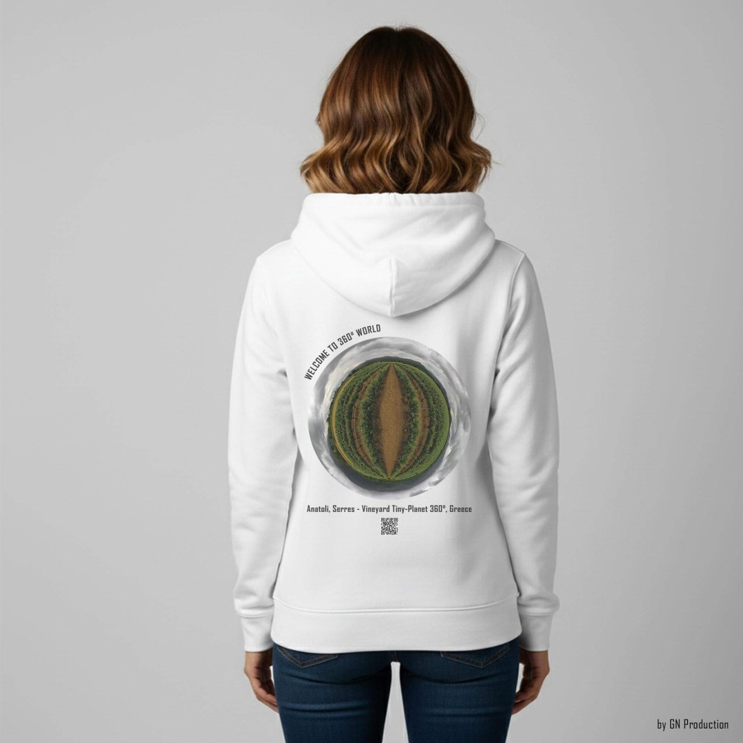 Woman wearing white 360° Art Hoodie featuring Anatoli, Serres vineyard tiny-planet 360° artwork with curved vineyard rows beneath storm-grey clouds.