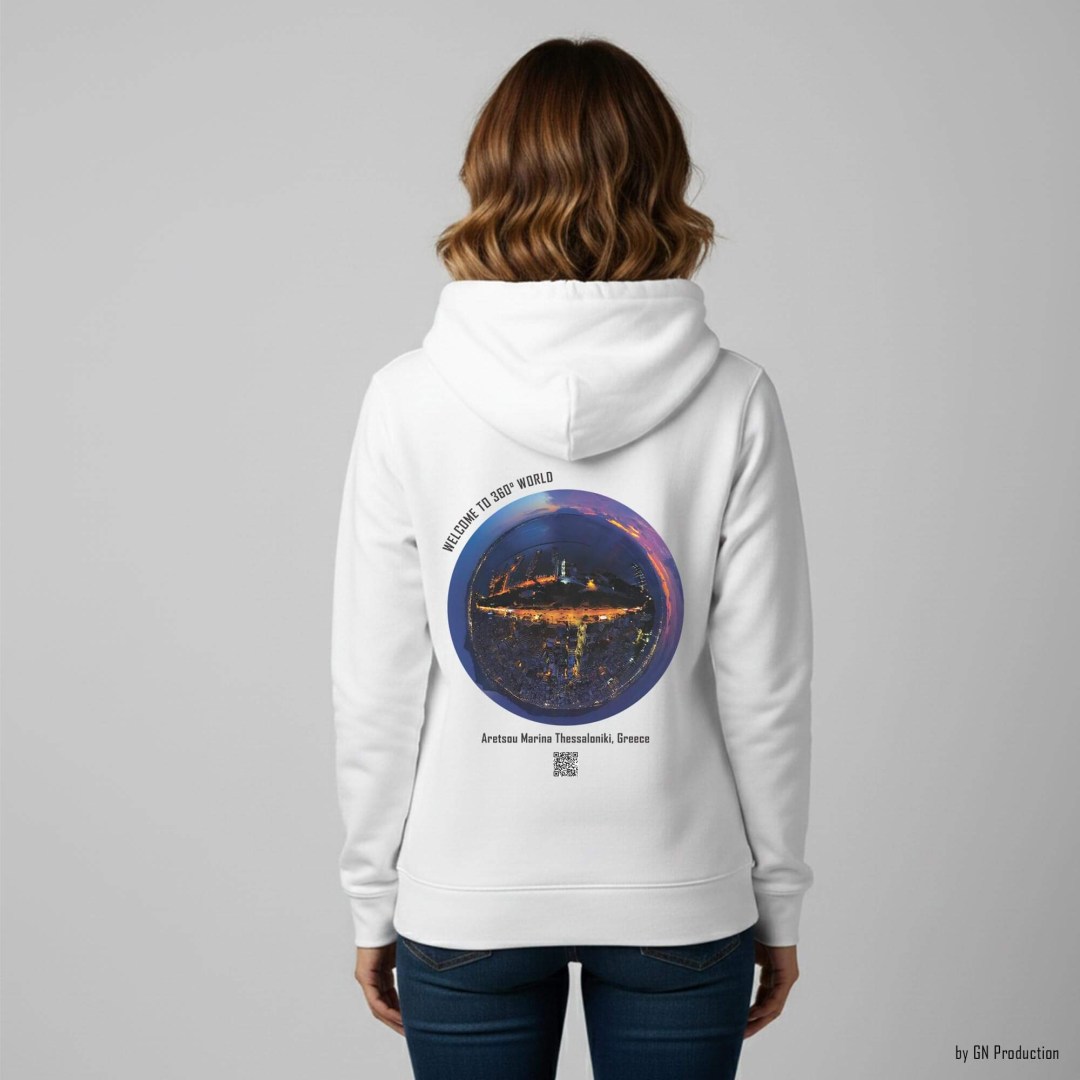 Back view of white 360° Art Hoodie featuring Aretsou Marina, Thessaloniki night drone tiny-planet 360° artwork, glowing marina lights over deep blue dusk sky.