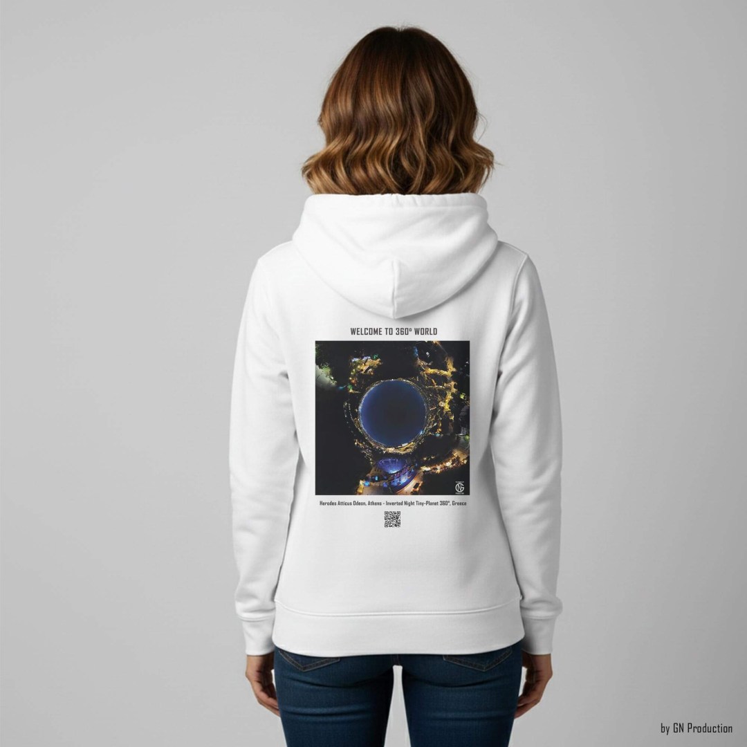 Woman wearing white 360° art hoodie with Herodes Atticus Odeon, Athens inverted night tiny-planet 360° drone artwork. Handmade in Greece.