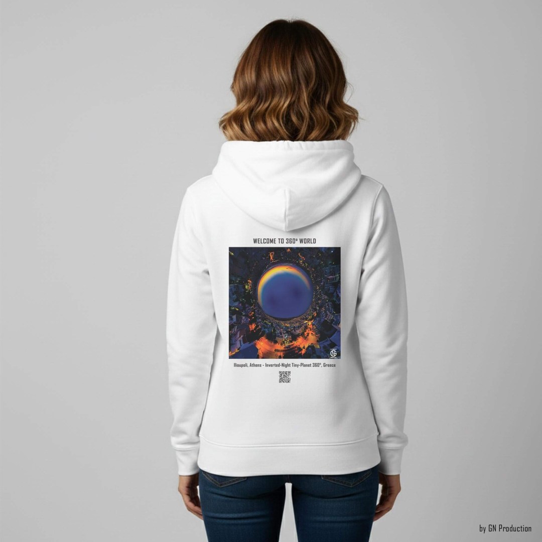 Woman wearing a white unisex hoodie featuring the Ilioupoli, Athens inverted-night tiny-planet 360° artwork on the back, with amber city lights circling a deep navy sky and QR code below.