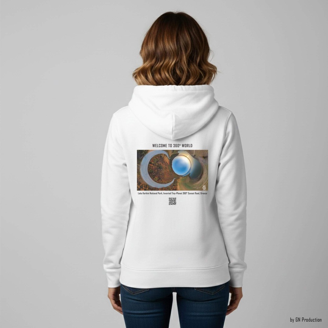Woman wearing white art hoodie with Lake Kerkini National Park inverted tiny-planet 360° sunset road artwork.