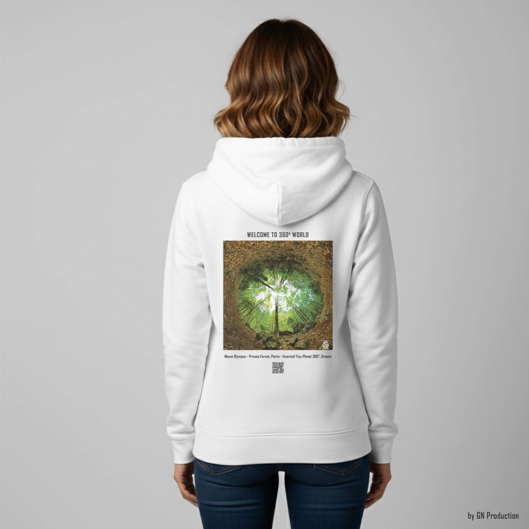 Woman wearing white art hoodie with Mount Olympus Prionia Forest inverted tiny-planet 360° artwork.