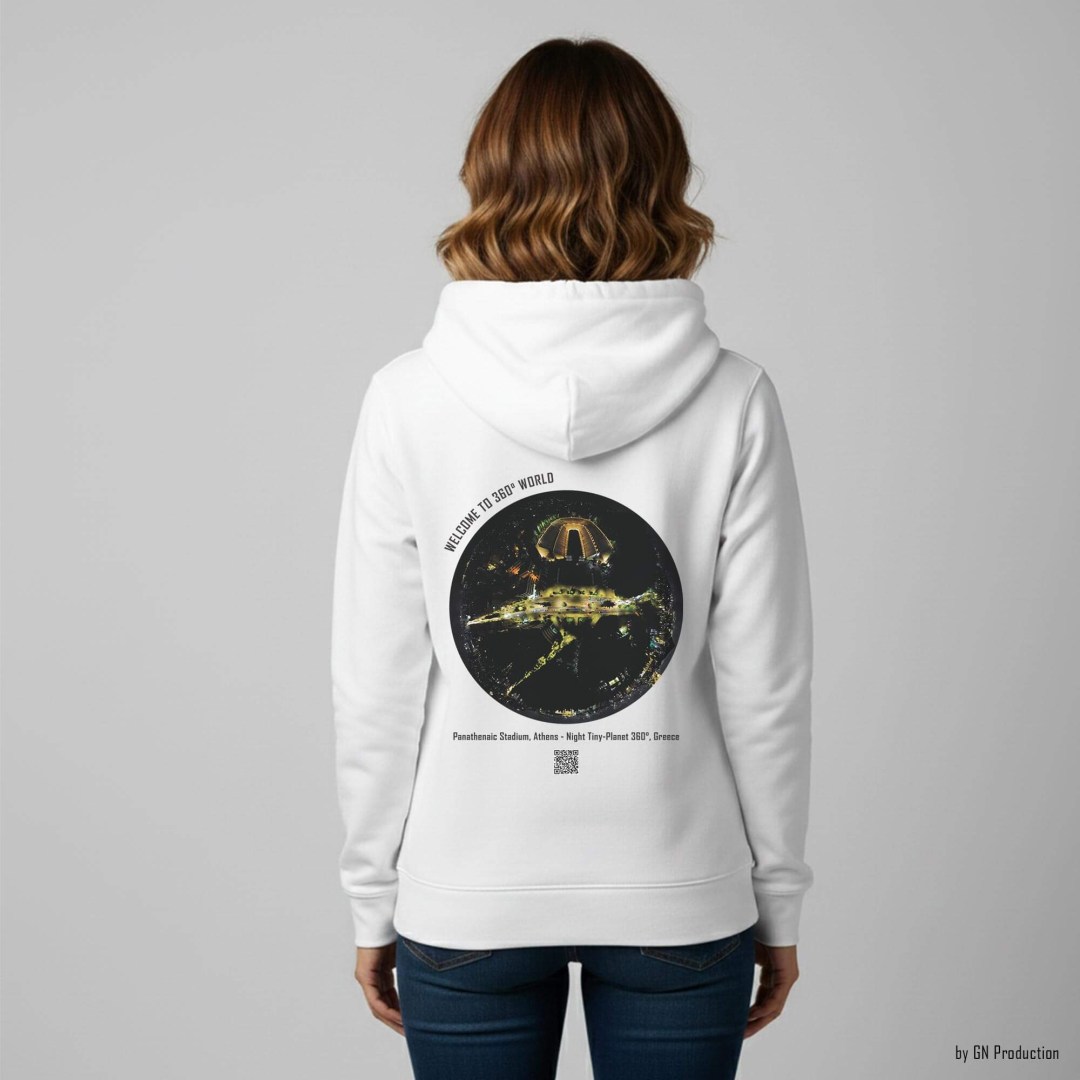 Woman wearing white Panathenaic Stadium Athens night tiny-planet 360° art hoodie featuring glowing marble stadium at night.