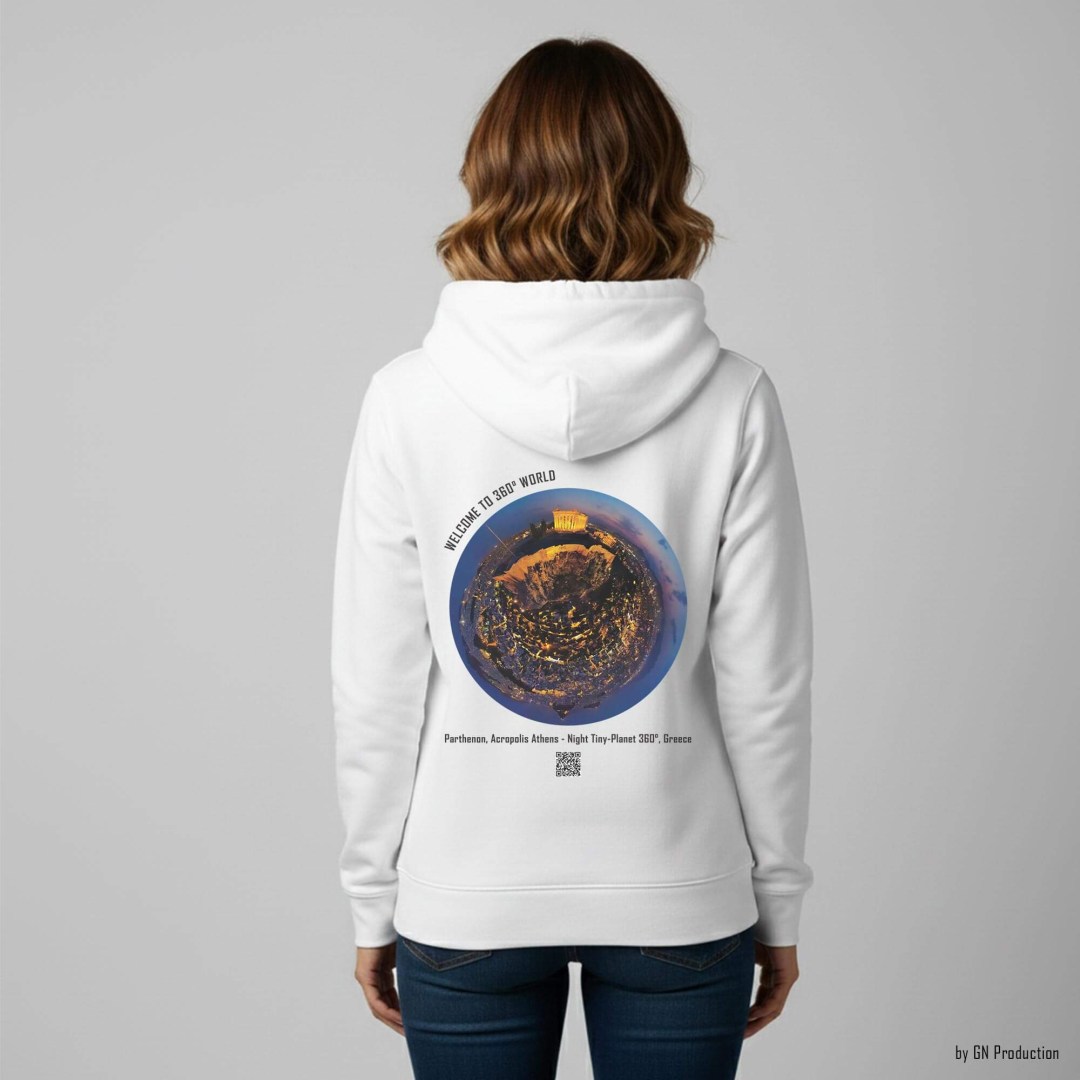 Woman wearing white art hoodie with Parthenon Acropolis Athens night tiny-planet 360° artwork.
