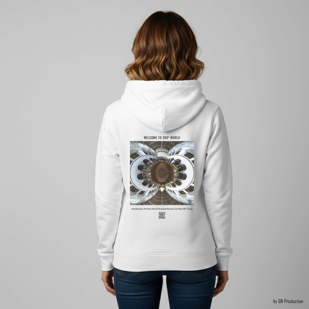 Woman wearing white 360° art hoodie with Saint Demetrius Church, Thessaloniki Symmetry Tiny-Planet 360° architectural artwork. Handmade in Greece.
