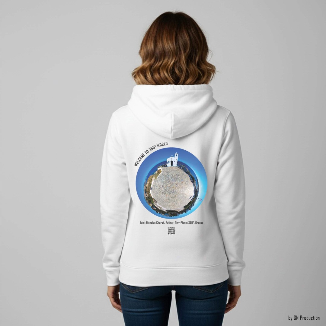 Woman wearing white art hoodie with Saint Nicholas Church Rafina tiny-planet 360° artwork.
