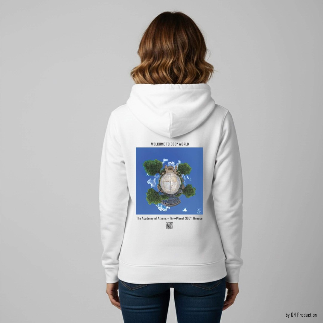 Woman wearing white 360° art hoodie with the Academy of Athens, Akadimias Street Tiny-Planet 360° neoclassical architecture artwork. Handmade in Greece.