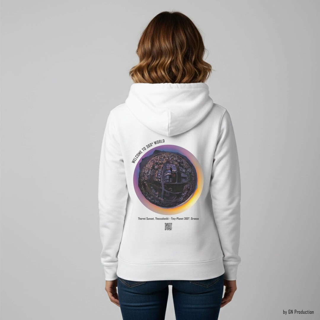 Woman wearing white 360° Art Hoodie with Thermi Sunset Thessaloniki tiny-planet 360° artwork on the back, Greek landscape photography by GN Production.
