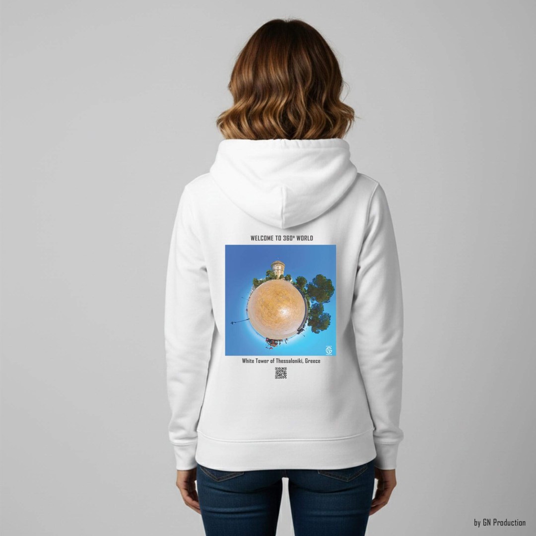 Woman wearing white White Tower Thessaloniki tiny-planet 360° art hoodie inspired by the iconic urban waterfront of Greece.
