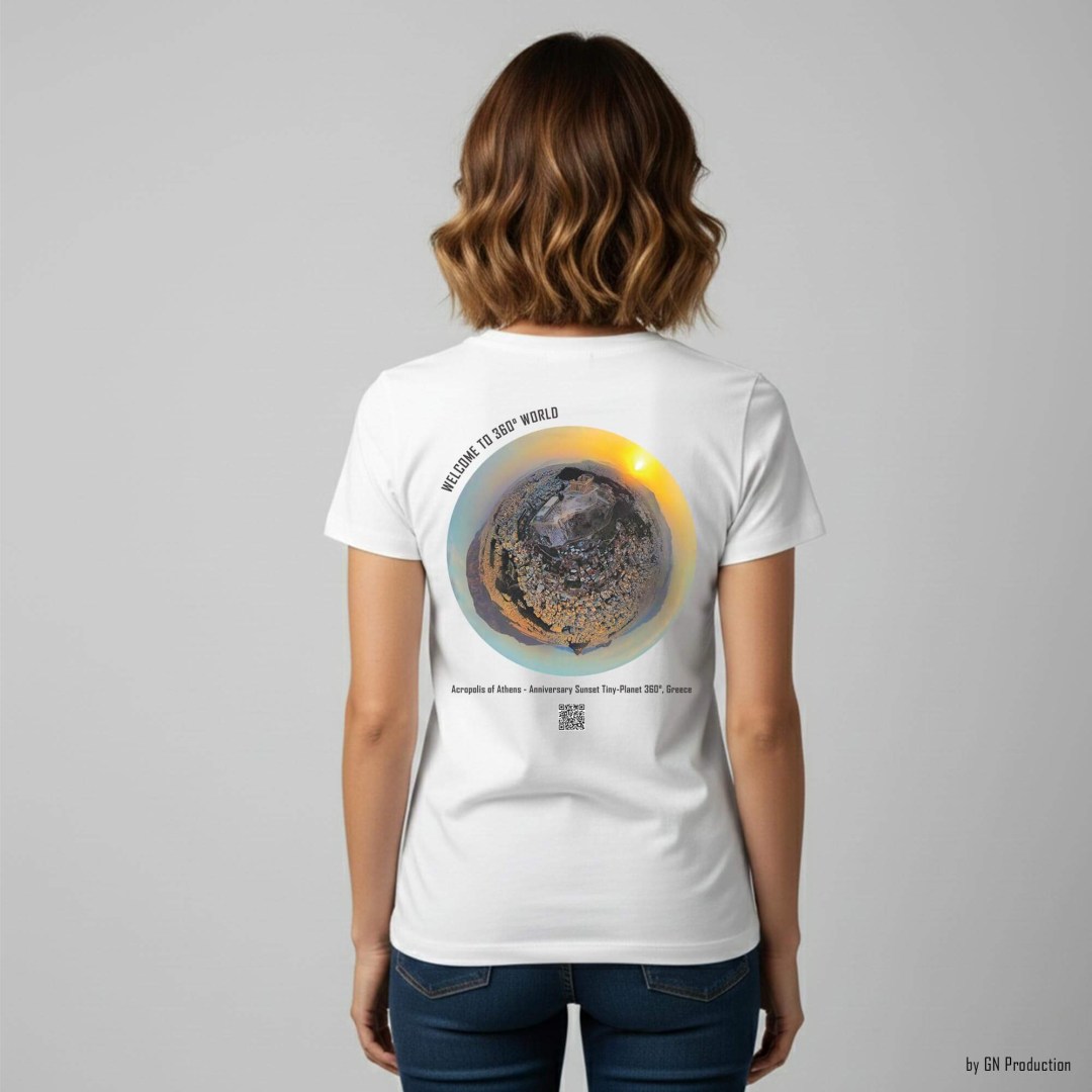 Woman model wearing white art t-shirt featuring Acropolis of Athens anniversary sunset tiny-planet 360° artwork, back view, Greece