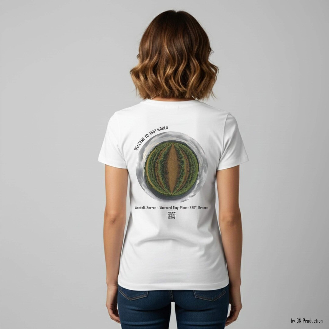 Woman model wearing white art T-shirt featuring Anatoli, Serres vineyard tiny-planet 360° artwork, back view, Greece