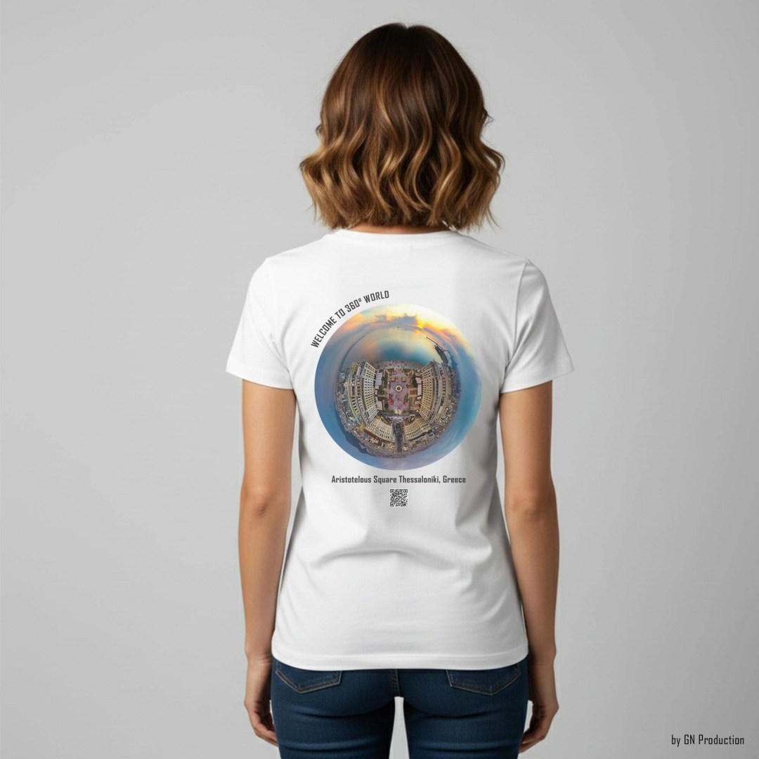 Woman model wearing white art T-shirt featuring Aristotelous Square Thessaloniki golden-hour tiny-planet 360° Christmas edition artwork, back view, Greece