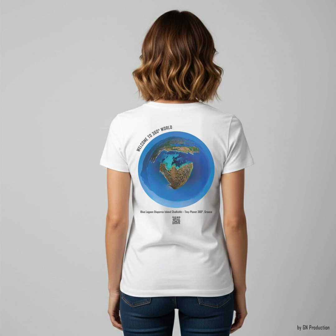 Woman wearing white art t-shirt with Blue Lagoon Diaporos Island Chalkidiki tiny-planet 360° design on the back