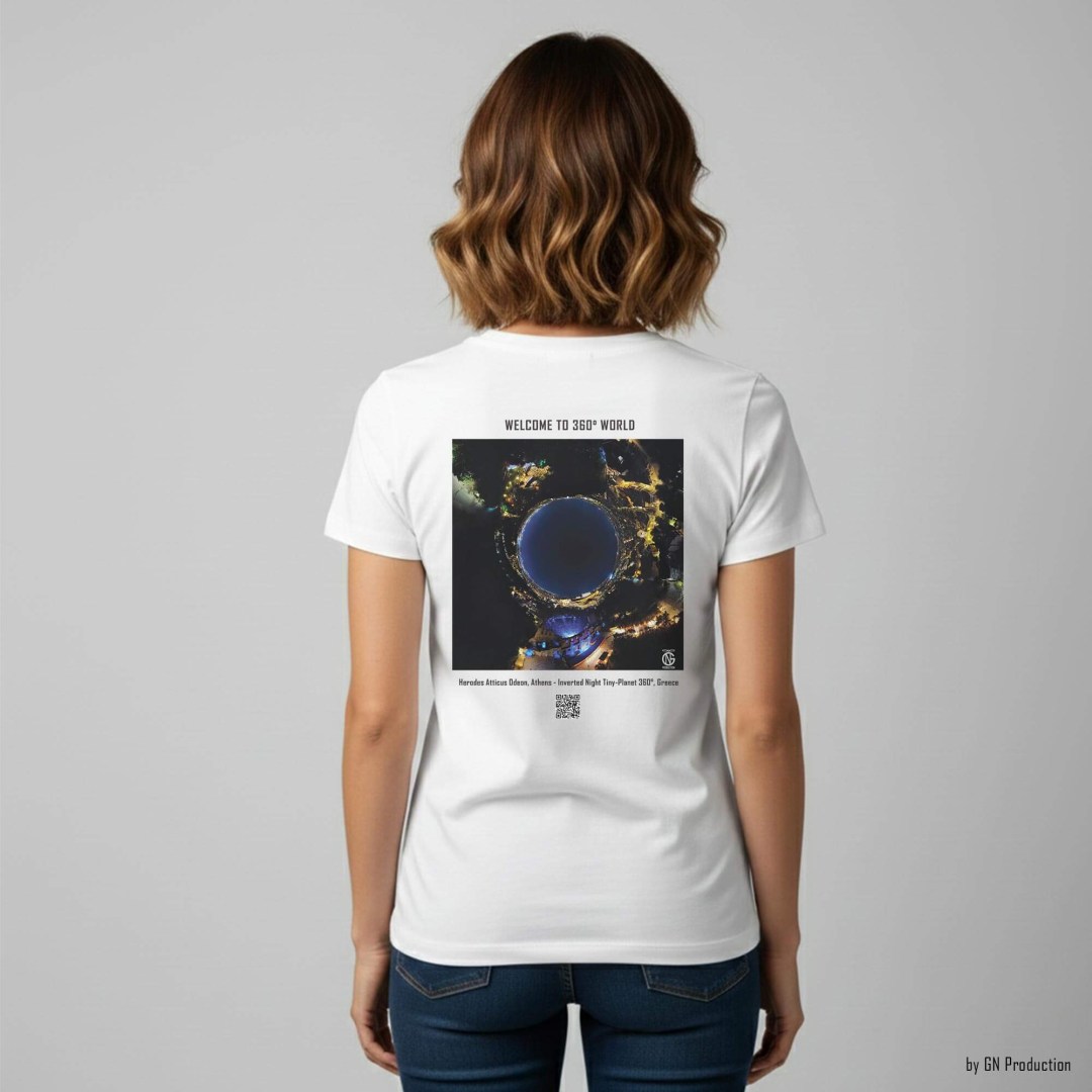 Woman model wearing white art T-shirt with inverted night tiny-planet 360° artwork of Herodes Atticus Odeon, Athens.