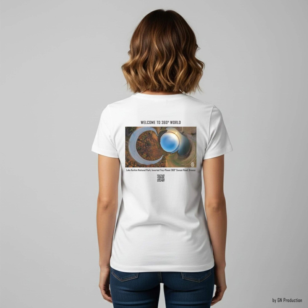 White art T-shirt worn by woman model, featuring Lake Kerkini National Park inverted tiny-planet 360° sunset road artwork on the back, with QR code and “Welcome to 360° World” text, handmade in Greece.
