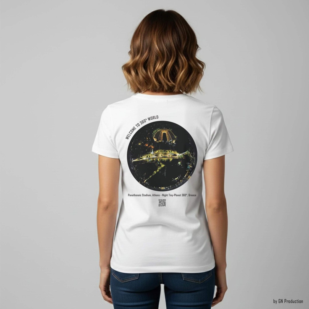 Woman model wearing white art T-shirt with Panathenaic Stadium Athens night tiny-planet 360° artwork on the back.