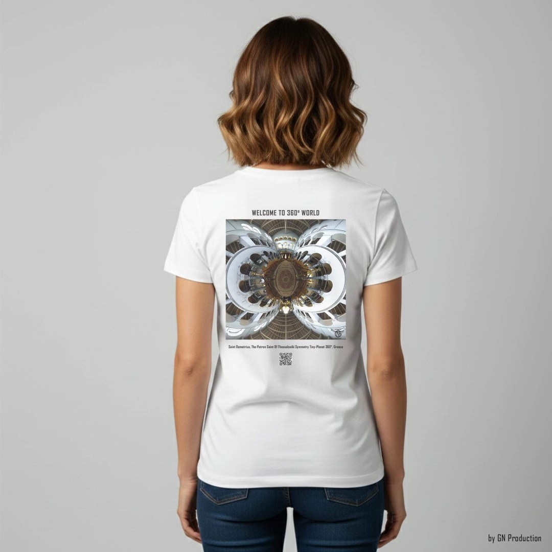 Woman model wearing white art t-shirt featuring Saint Demetrius of Thessaloniki in a Symmetry Tiny-Planet 360° design.
