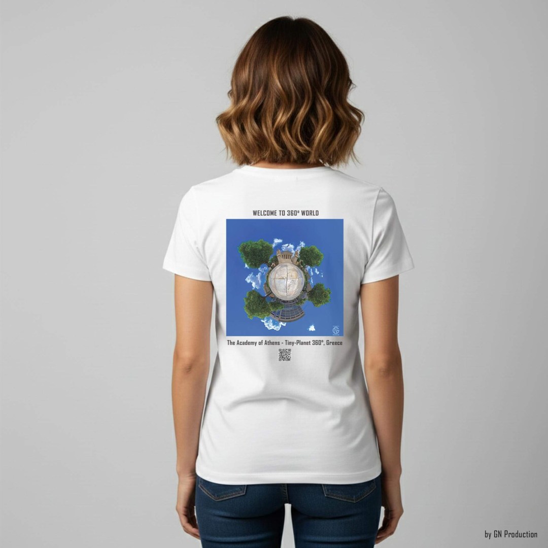Woman model wearing white art T-shirt with tiny-planet 360° print of the Academy of Athens, Akadimias Street, Greek neoclassical landmark by GN Production.