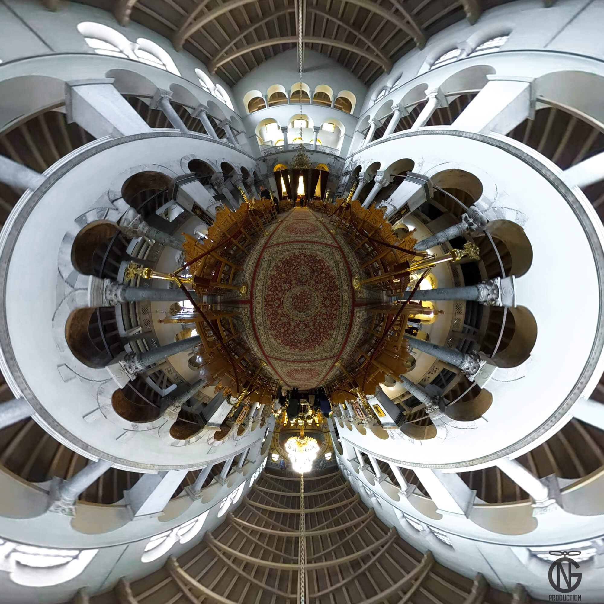 Interior tiny-planet 360° view of Saint Demetrius, the patron saint of Thessaloniki: marble colonnades, arches and chandelier forming a symmetric orb.