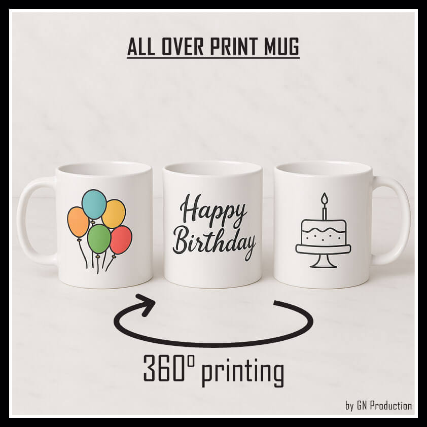 Blank white ceramic mug mockup for custom all-over printing, 360° wrap design, placed on marble background.