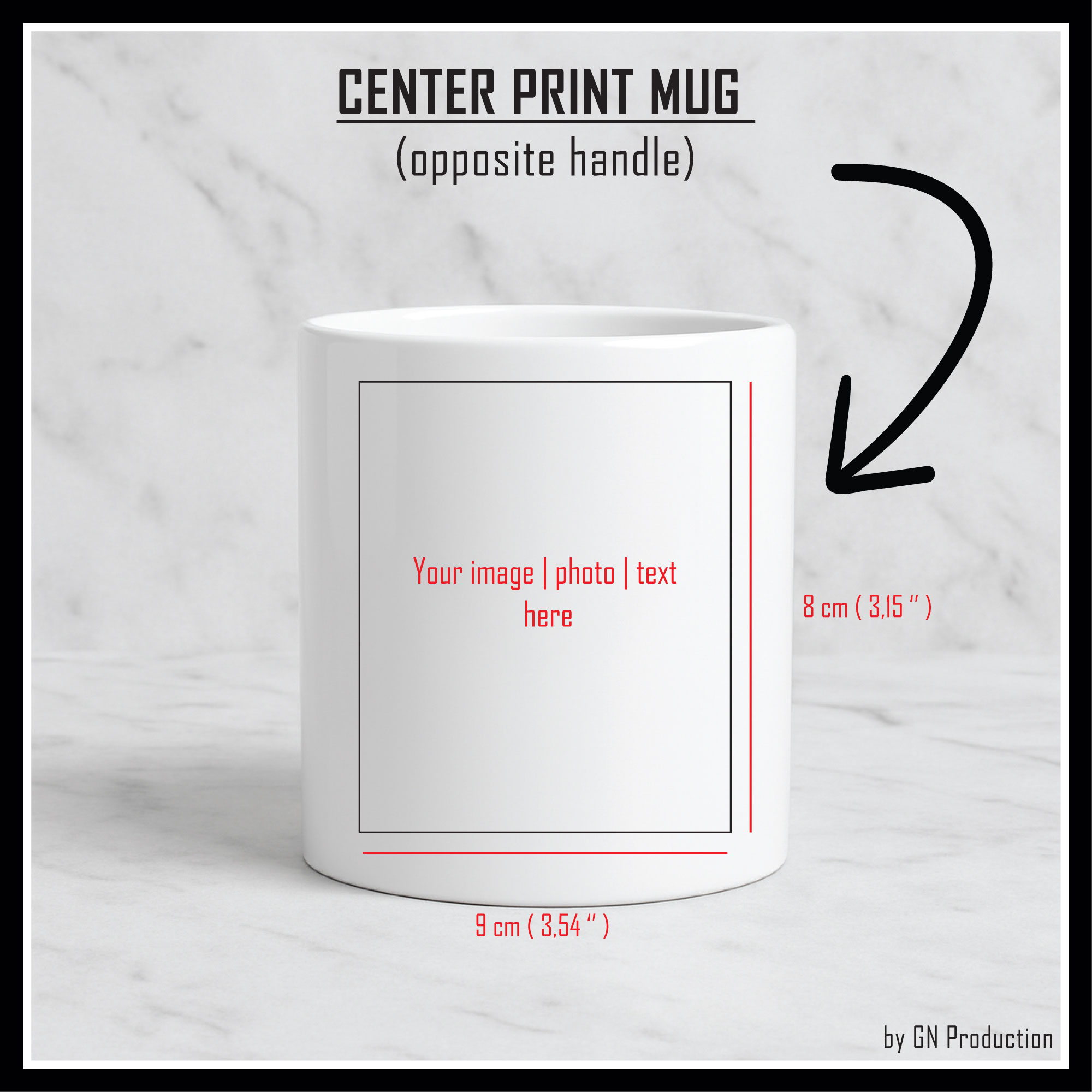 White ceramic mug mockup with center print area opposite the handle – blank template for custom photo, text, or logo design.