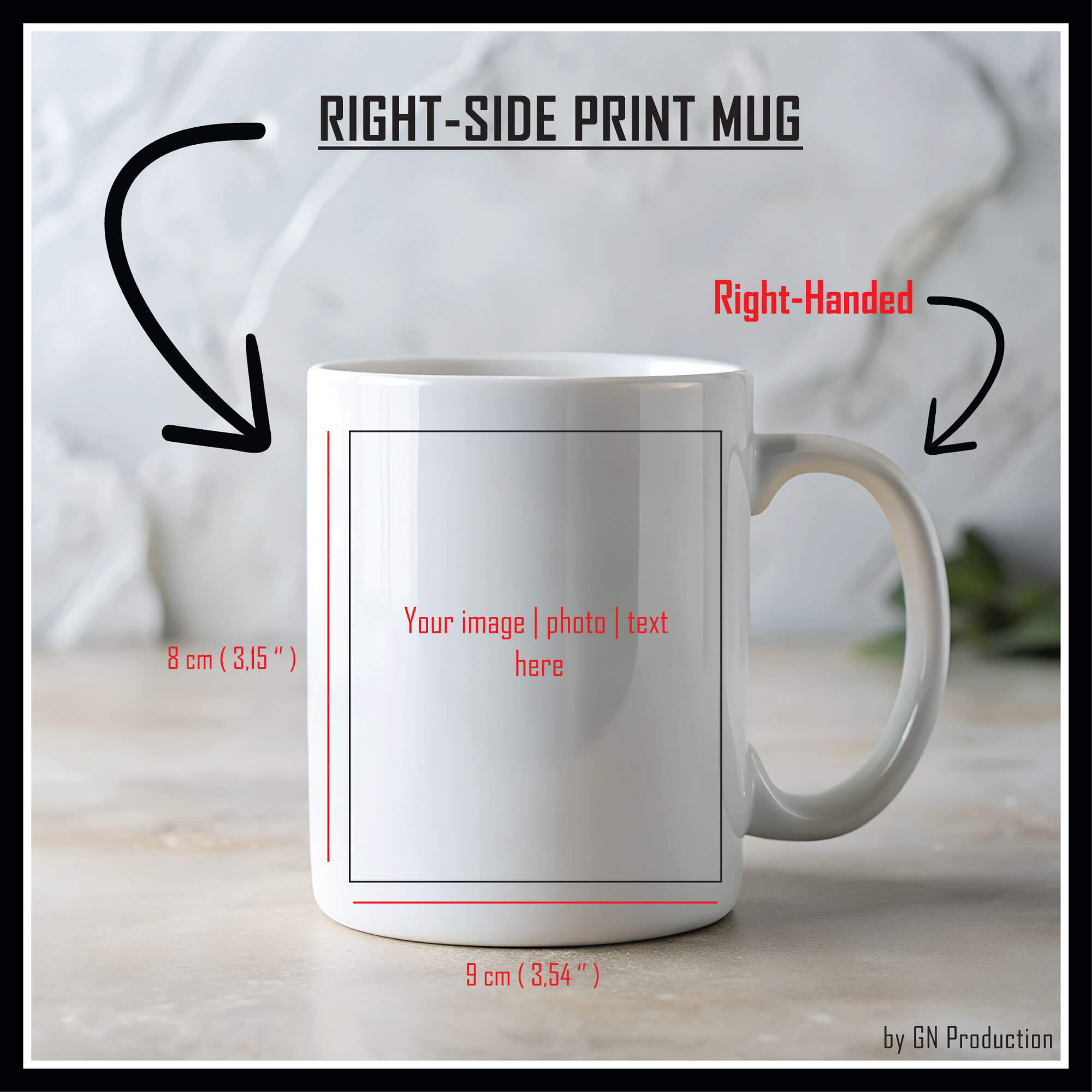 White ceramic mug mockup showing right-side print area (9x8 cm), customizable with photo, image, or text for right-handed use.